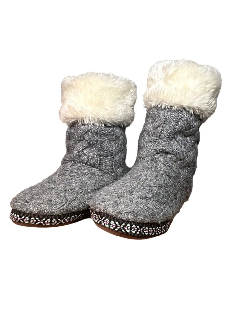 Gray Knit Fur Trim Slipper Boots Winter House Shoes